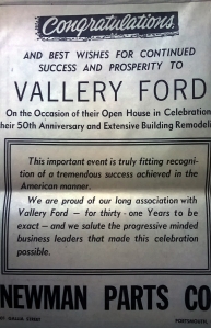 Newspaper clipping taken from the a March 1964 edition of the "Waverly News" celebrating the 50th anniversary of Vallery Ford in Waverly, Ohio.