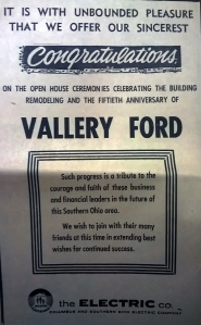 Newspaper clipping taken from the a March 1964 edition of the "Waverly News" celebrating the 50th anniversary of Vallery Ford in Waverly, Ohio.